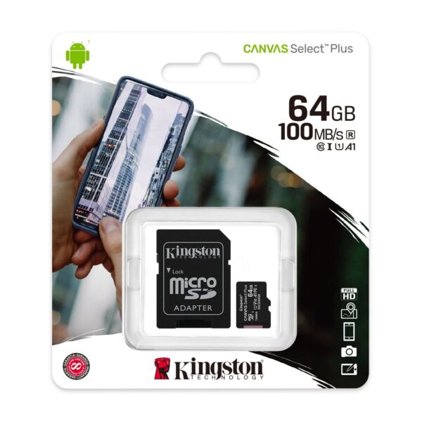 Карта памет MicroSD Kingston Canvas Select Plus, 64GB, 100MB/s, С адаптер - Image 2